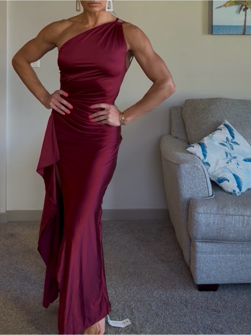 One-Shoulder Burgundy Satin Evening Dress